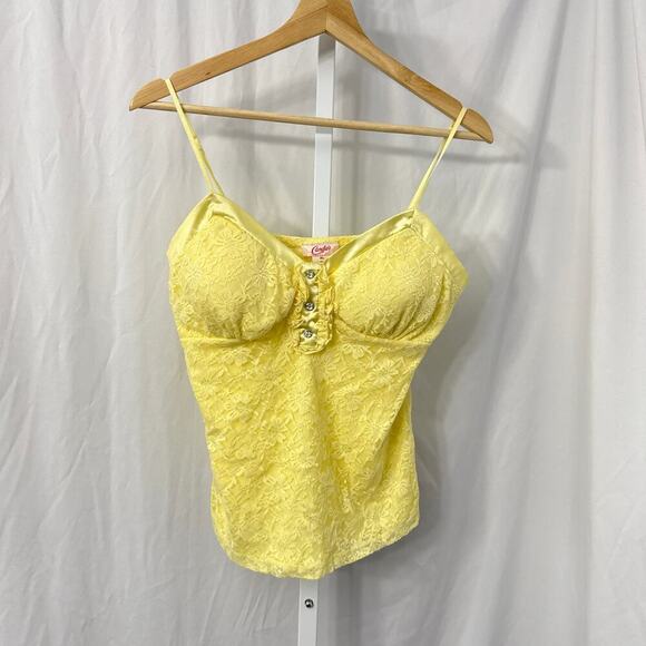 Candies Y2K Babydoll Top XL Yellow Lace Rhinestone Floral - Picture 1 of 12